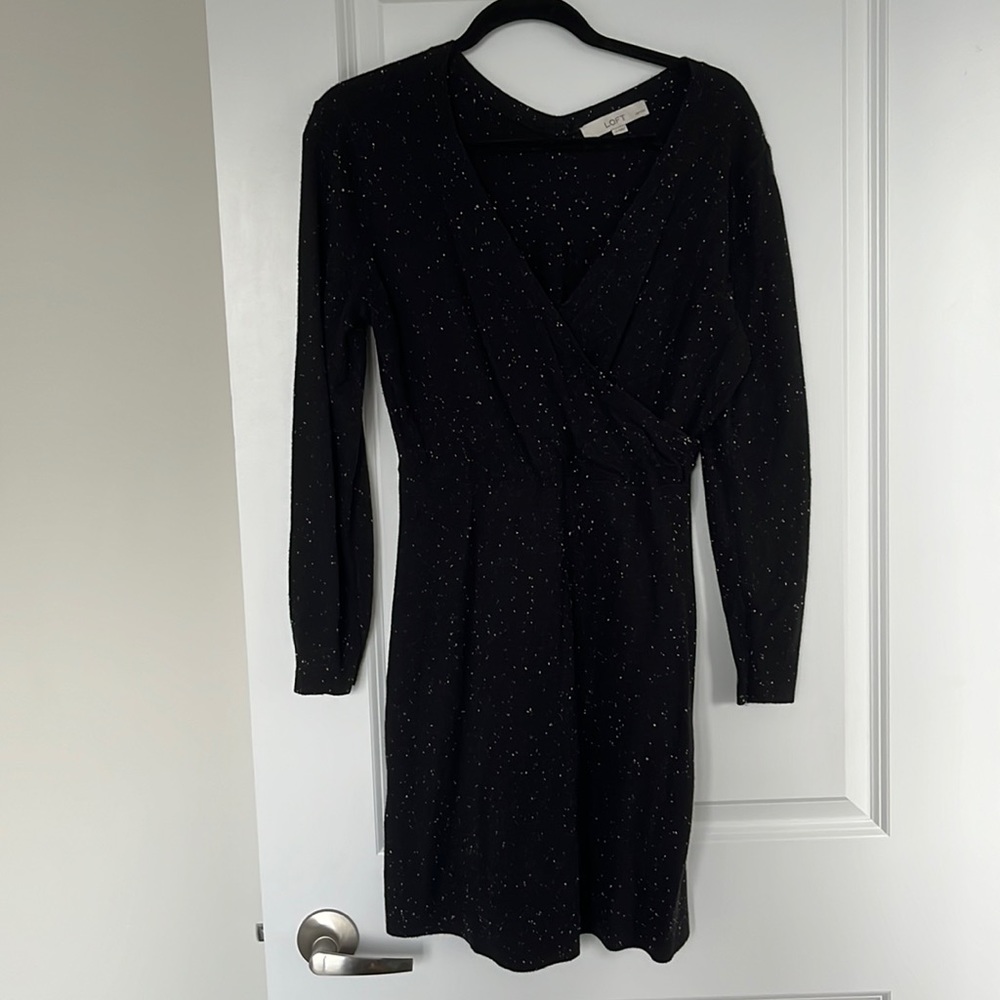 Loft Black knit long sleeve dress with white speckles